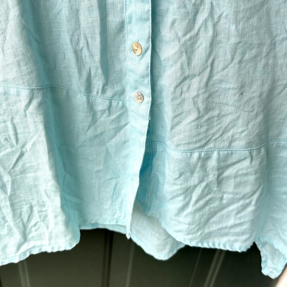 Symple NYC Sz S 100% Linen Aqua Blue Button Front Asymmetric Hem Tunic Lagenlook - Picture 4 of 7